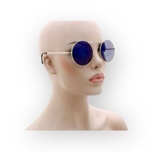 new Oversized Round Nickel Frame Sunglasses 𖦹 Silver 𖦹 Blue Flash Mirror Lens